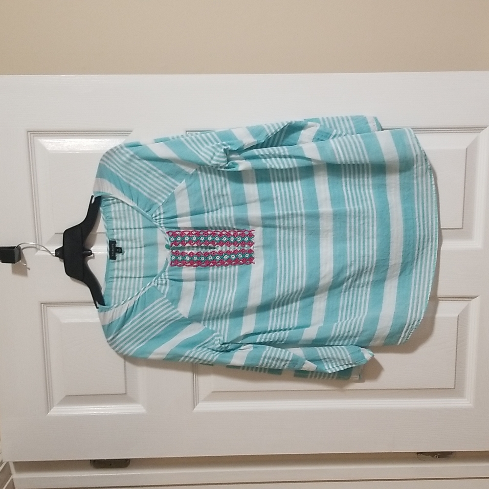 Talbots embellished blouse Beaded Teal Stripe‎